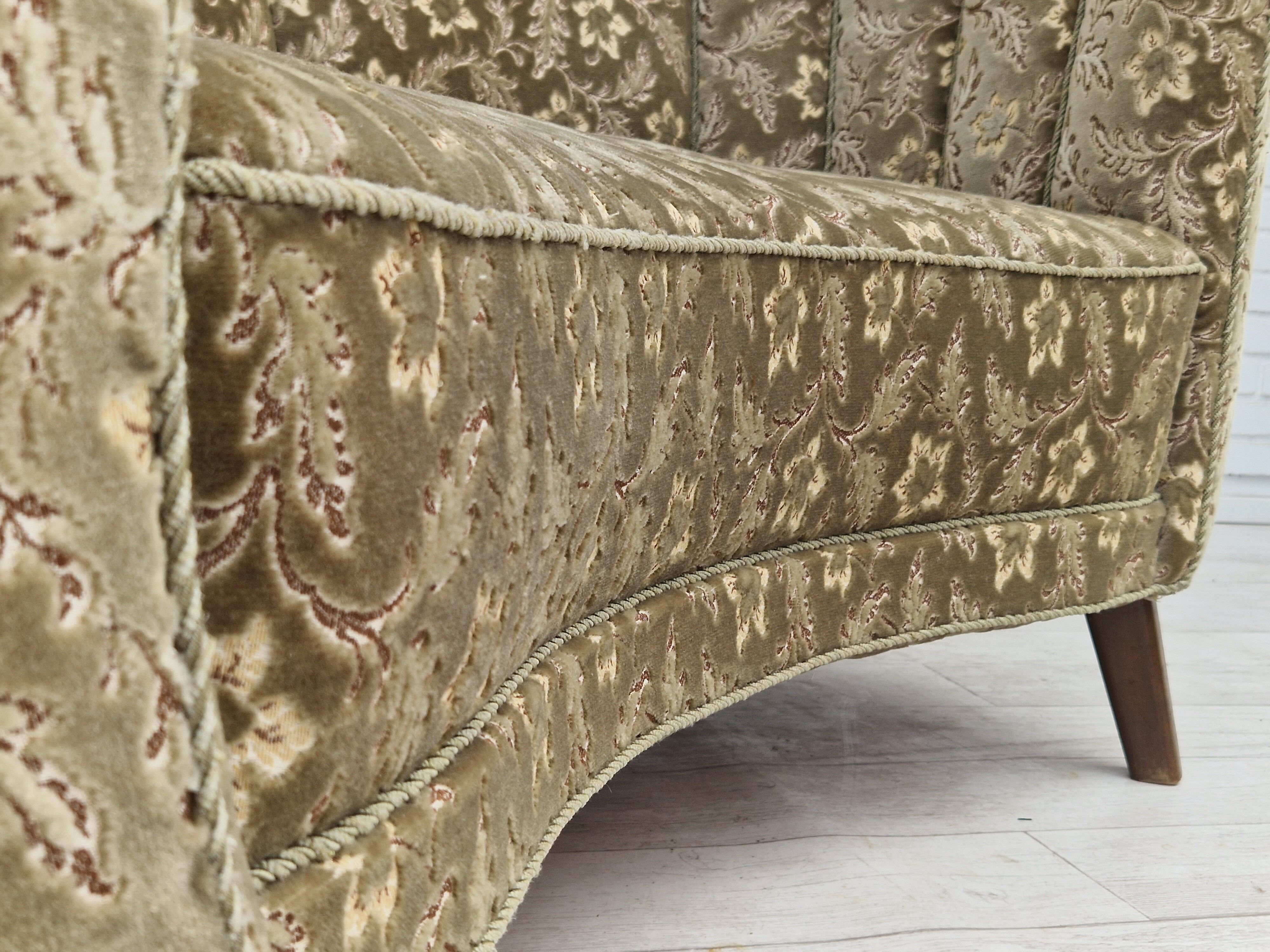 60s, danish vintage 2 seater "banana" sofa, green velour, original condition.