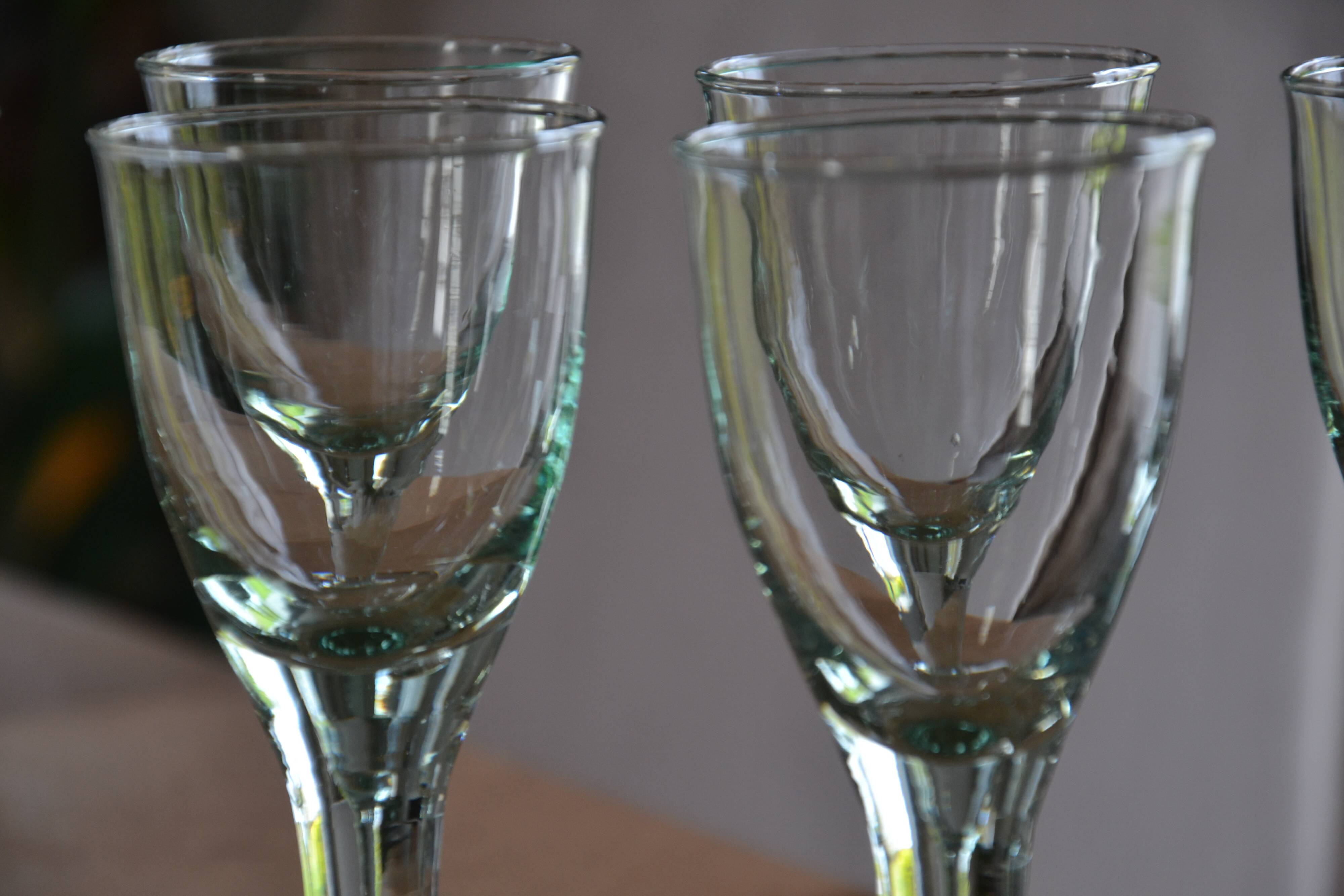 7 green blown glass bubble wine glasses