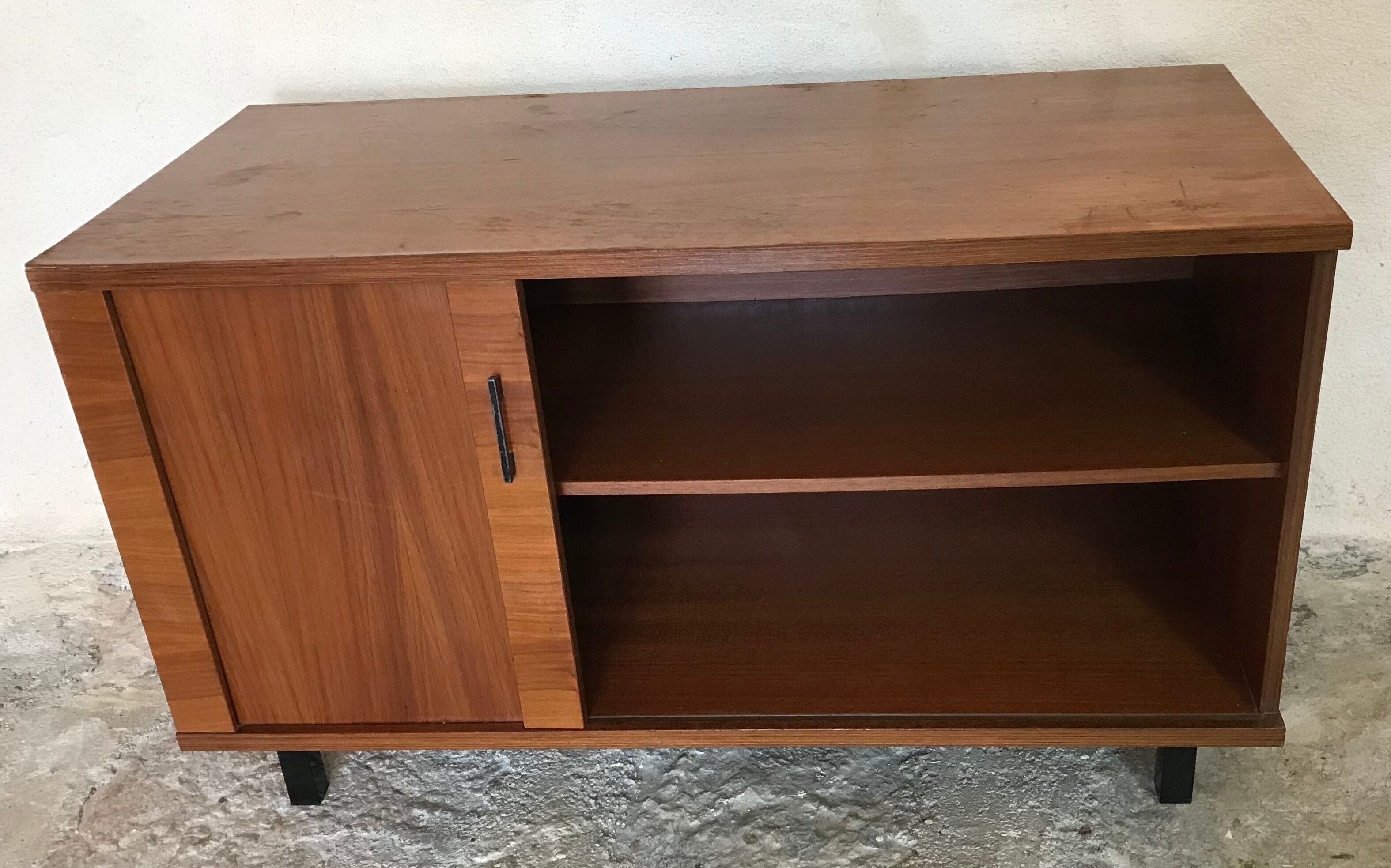 Vintage storage cabinet box on feet with sliding curtain