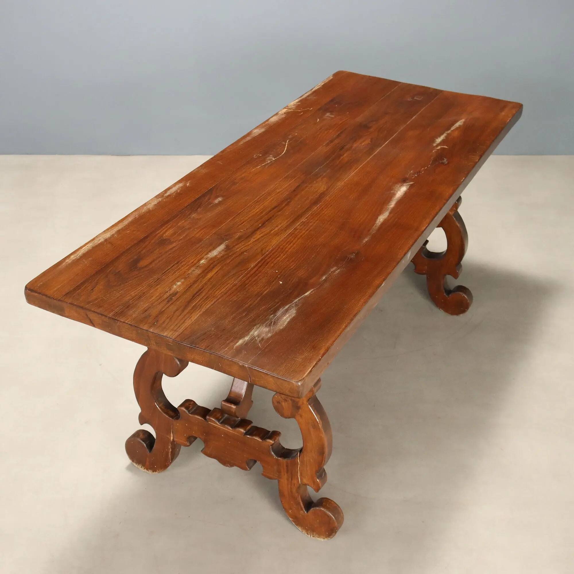 Old refectory table in stained walnut oak, Italy, 20th century
