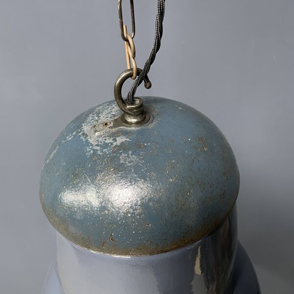 Grande lampe à suspension industrielle ancienne en émail bleu-gris