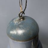 Grande lampe à suspension industrielle ancienne en émail bleu-gris