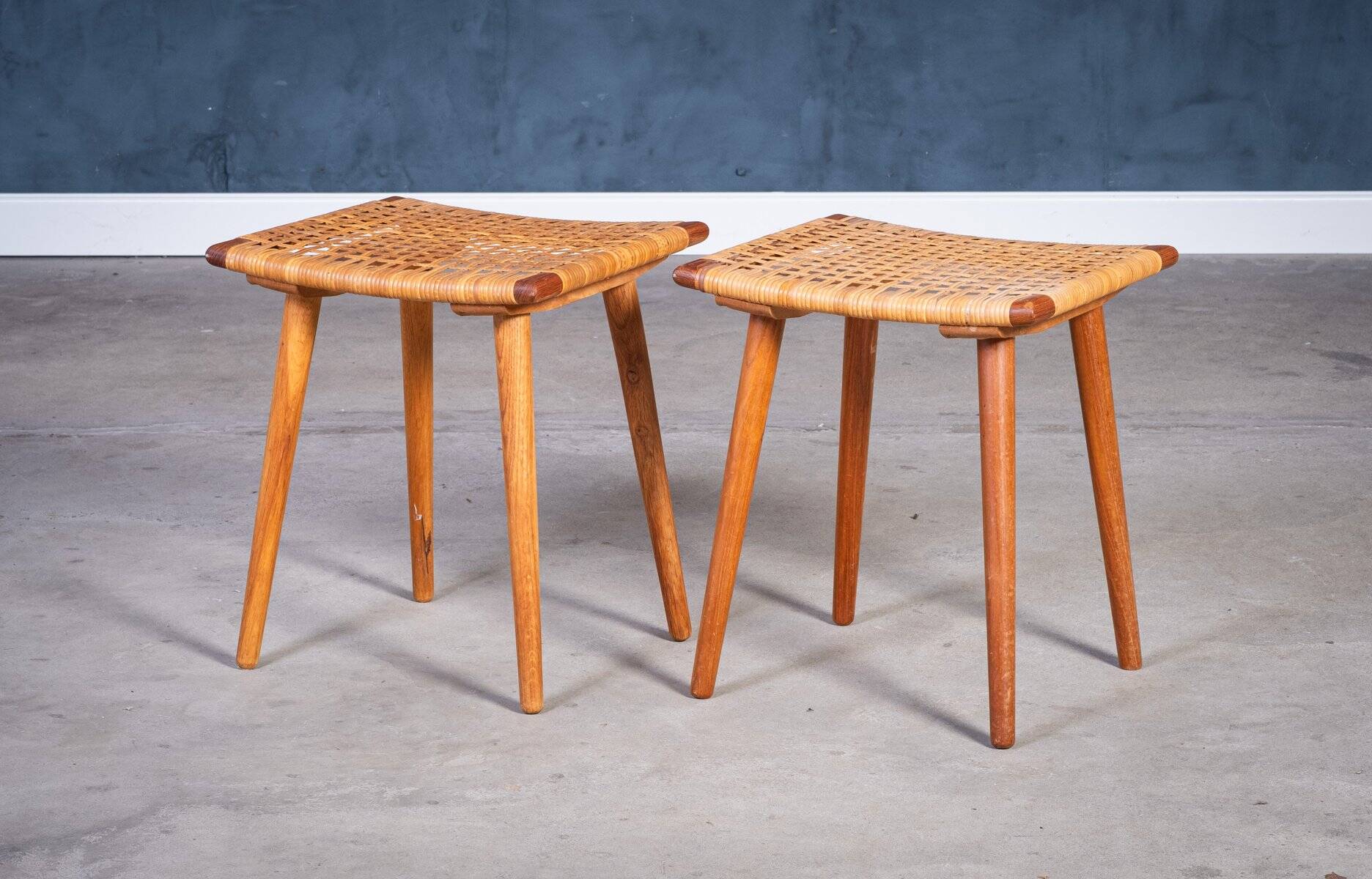 Teak Stools with Caning, 1960s, Set of 2