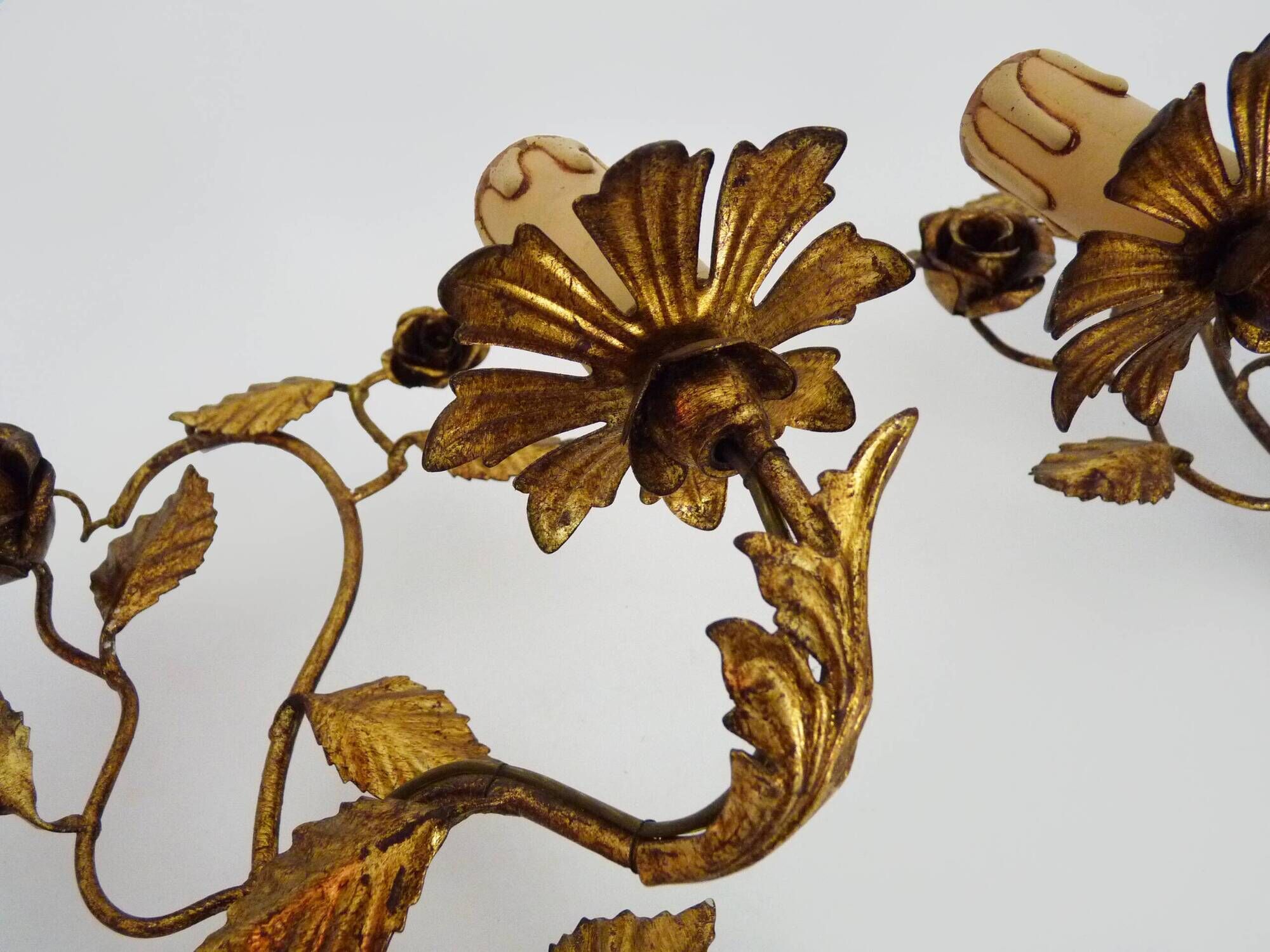 Pair of vintage wall lights with gold metal foliage flowers, 1960s