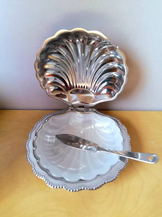 Shell butter dish and stainless steel knife