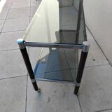 Vintage wooden serving trolley with smoked glass, chrome metal and wood