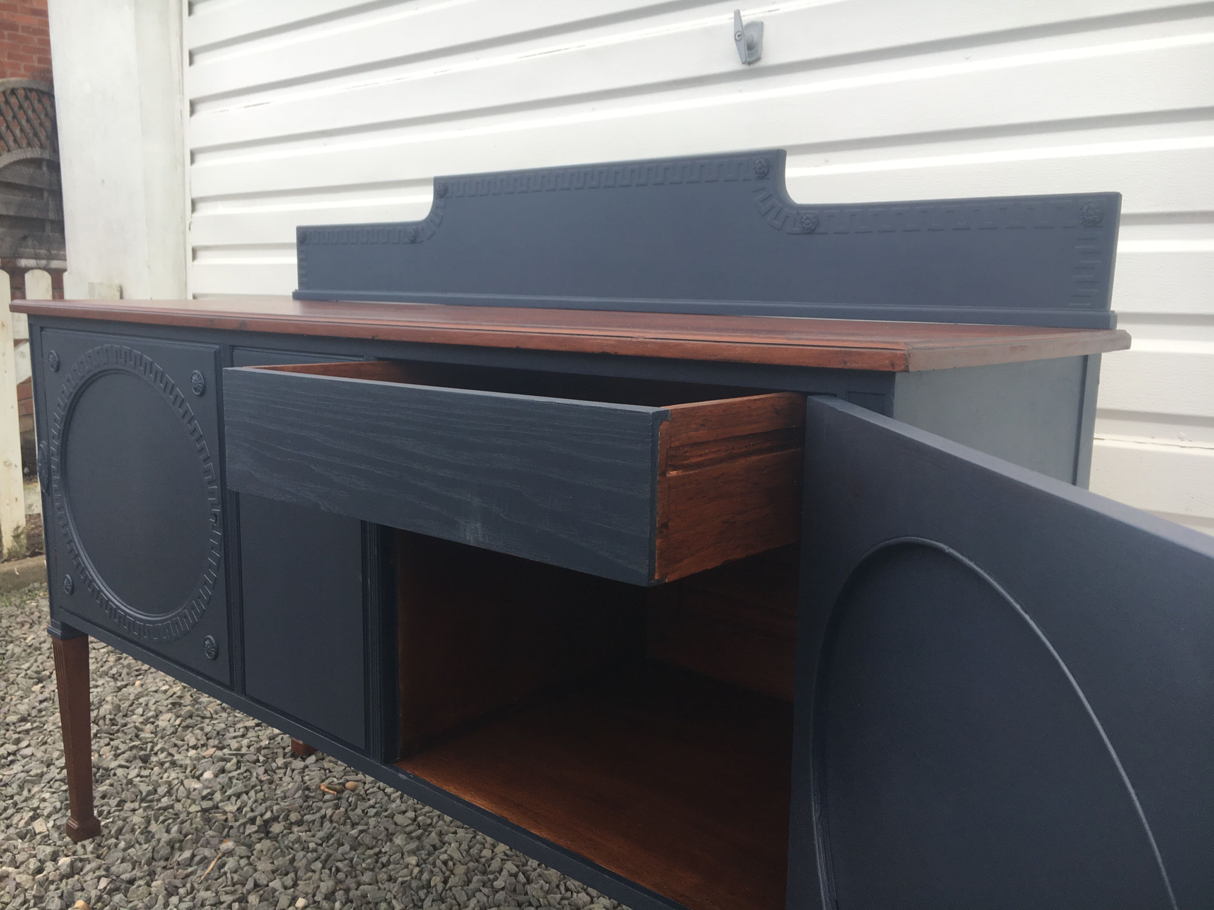 Vintage dark blue hand painted regency style buffet