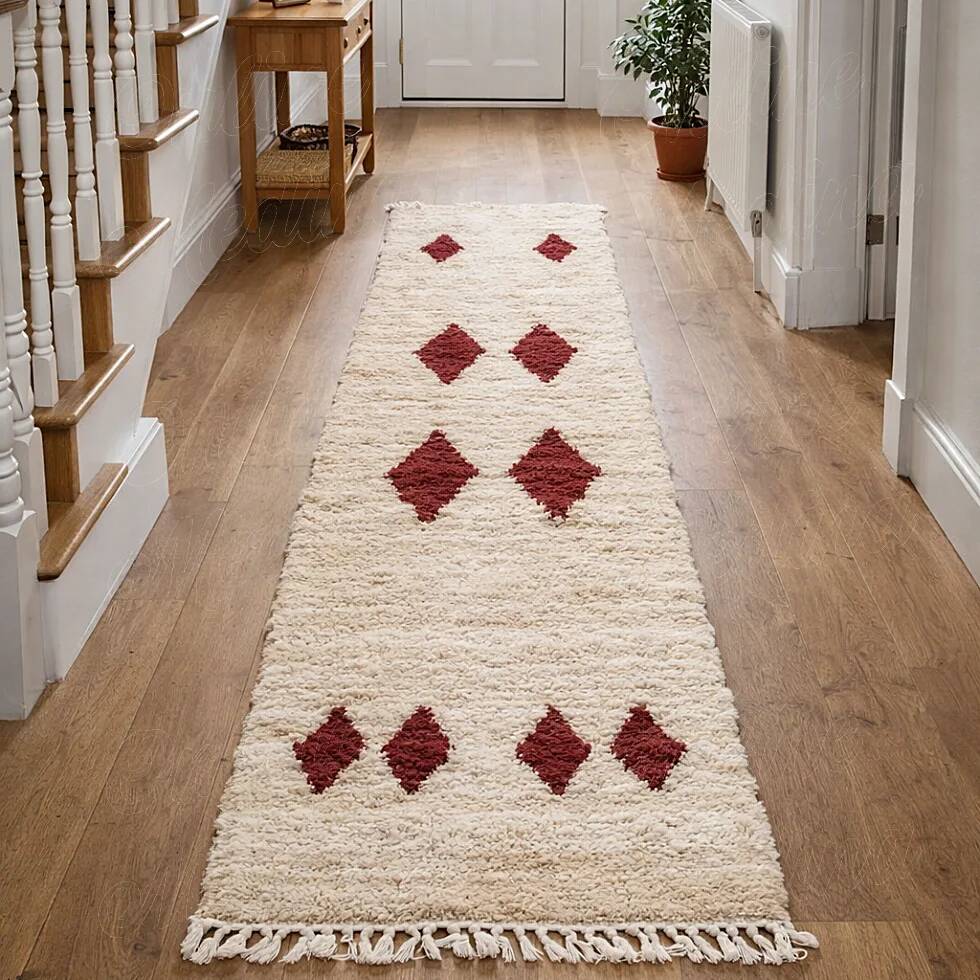 Minimalist cream Berber rug with red diamonds.