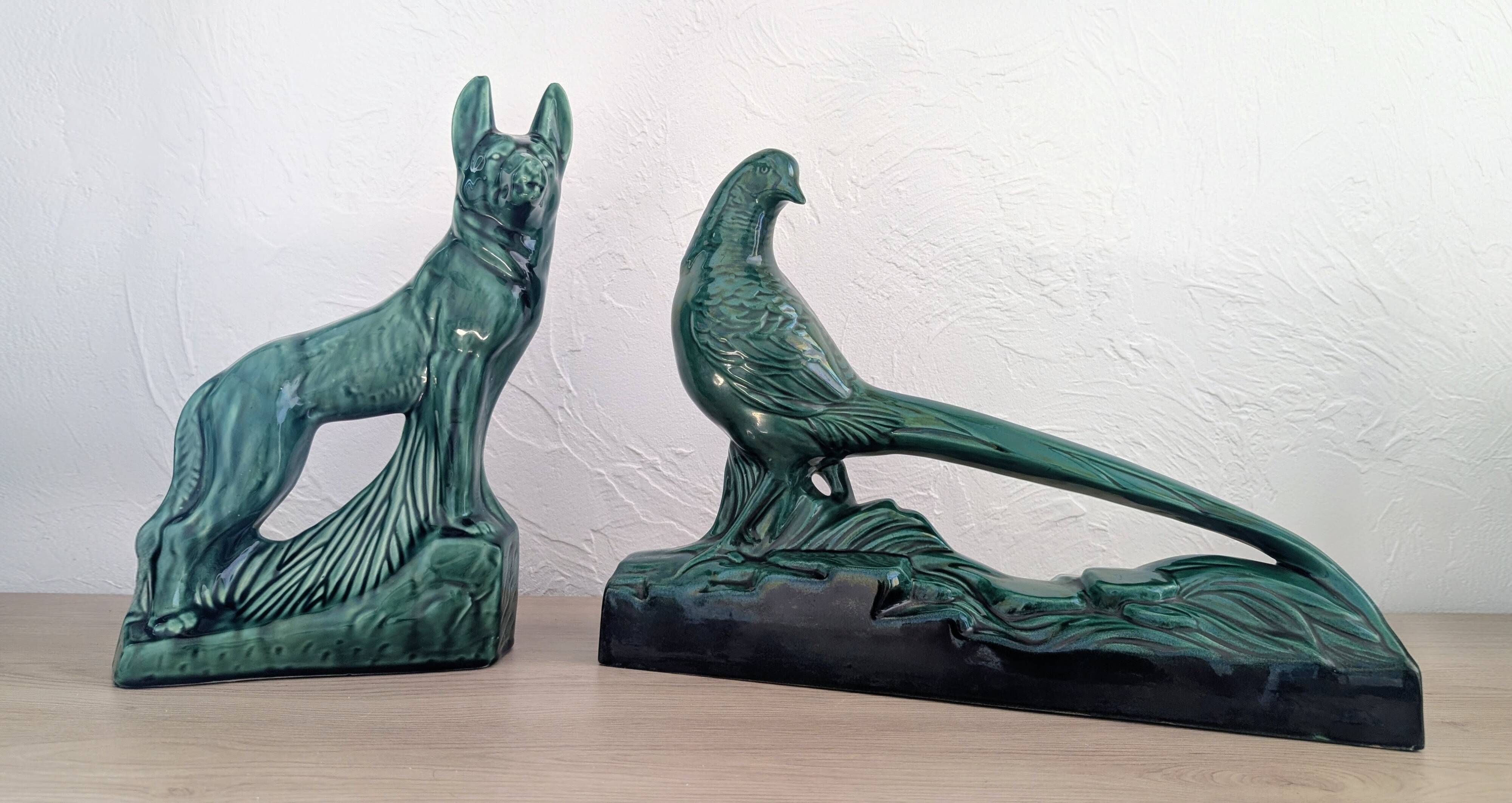 Set of green Art Deco ceramics - Large Pheasant & Shepherd Dog Vinta