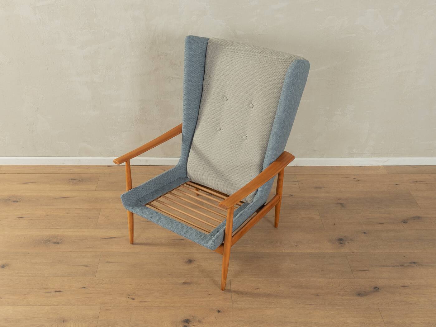 1950s wingback armchair in two-tone look, cherry wood, newly upholstered