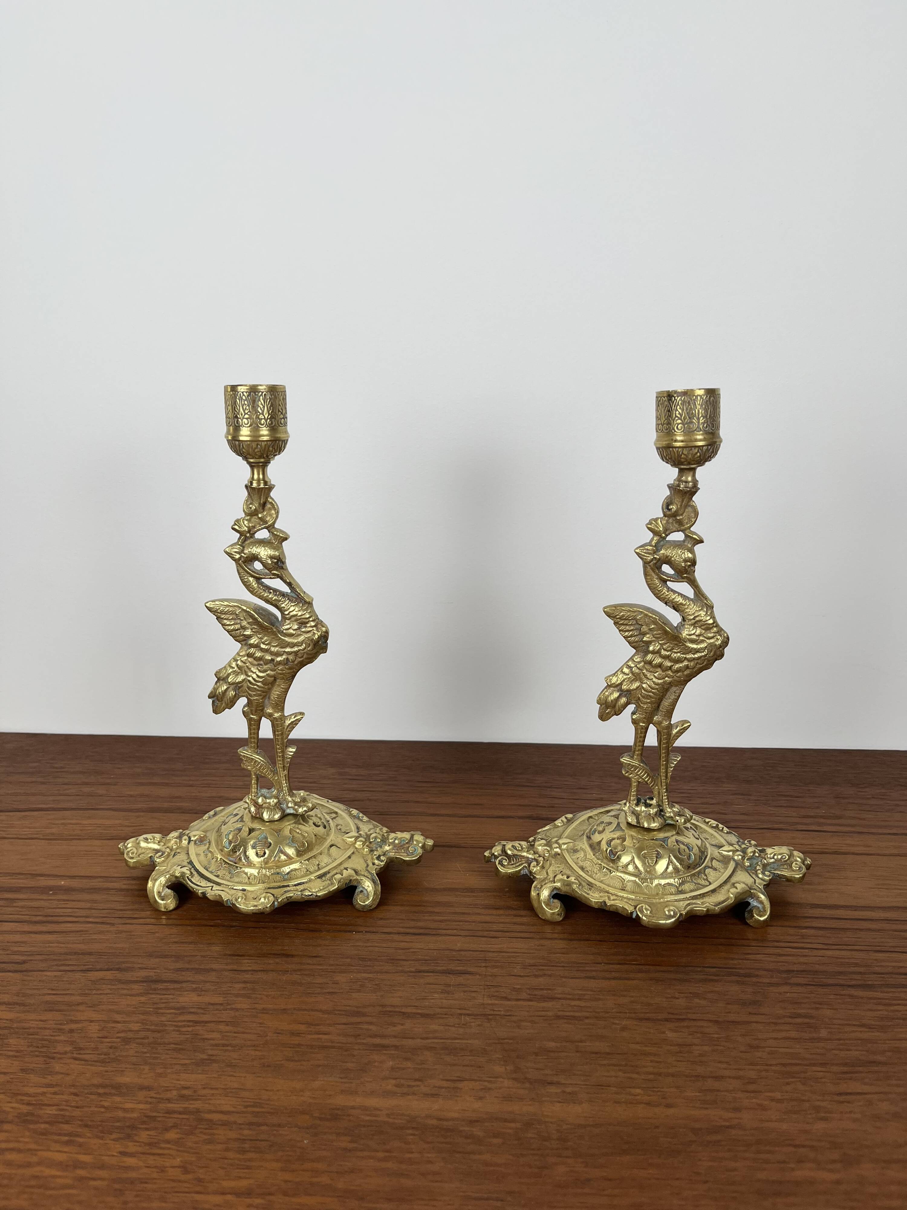 Pair of antique heron candlesticks in gilded brass – Orientalist Art Deco style