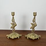 Pair of antique heron candlesticks in gilded brass – Orientalist Art Deco style