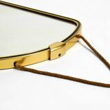 Beautiful small mid-century brass wall mirror with braided hanging strap