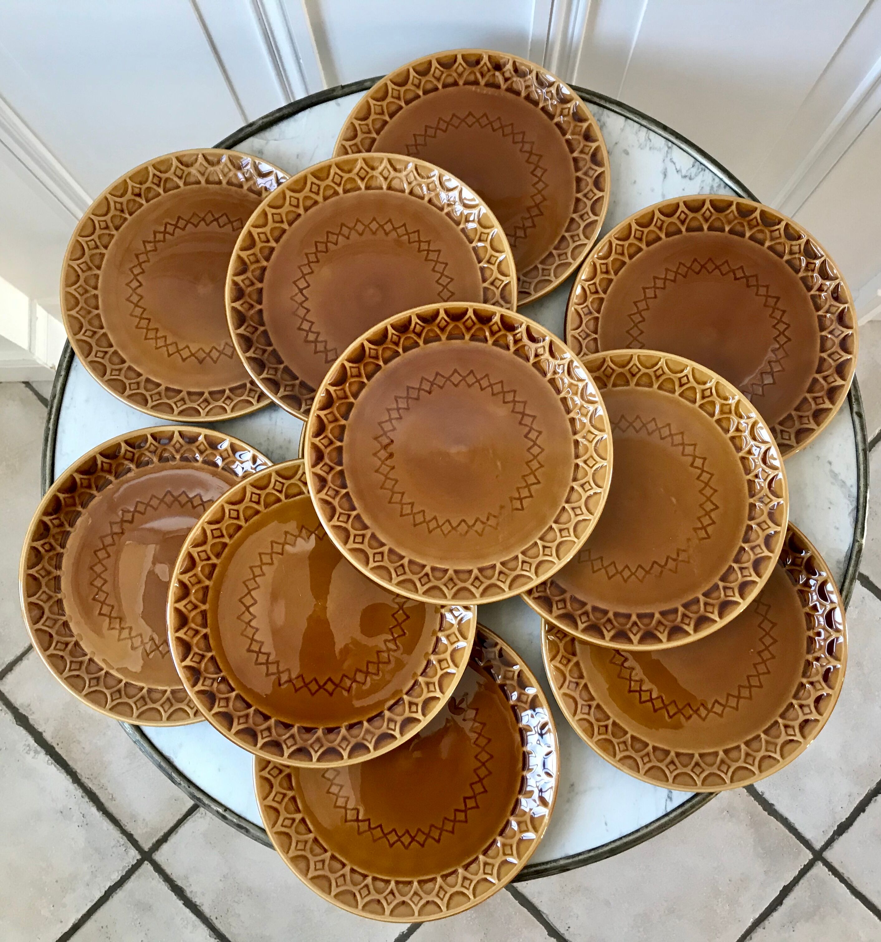 Dessert service Sarreguemines in slurry flat cake and 12 dessert plates 60s