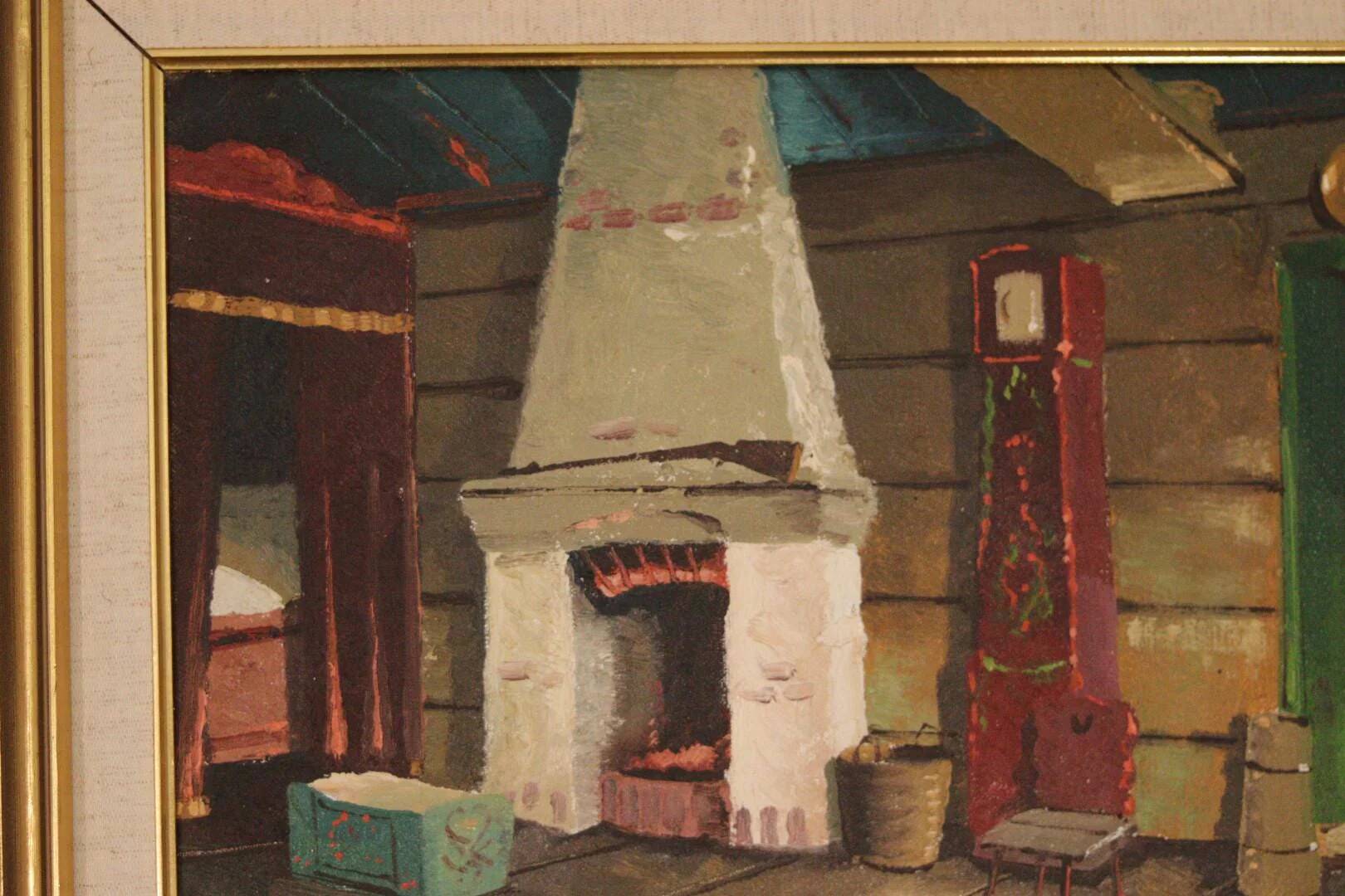 Huile sur toile suédoise originale du milieu du siècle – cheminée de cuisine