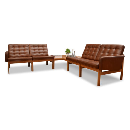 Vintage Danish design Ole Gjerlov Knudsen & Torben Lind modular leather oak couple of sofas