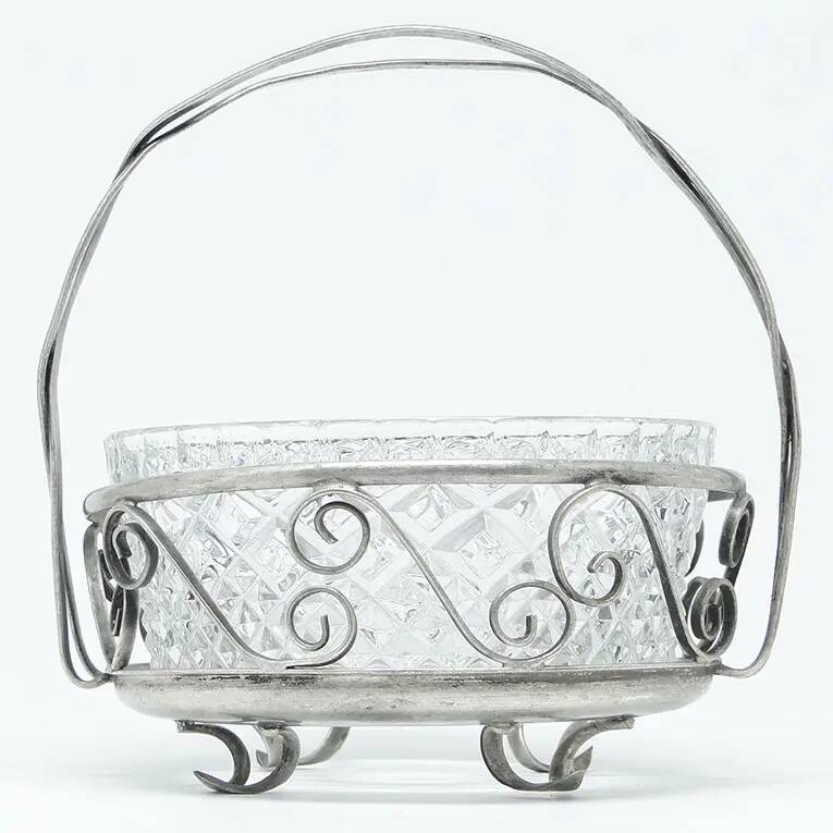 Sugar bowl, postmodernism, silver-plated brass, glass, HEFRA, Poland, 1970s