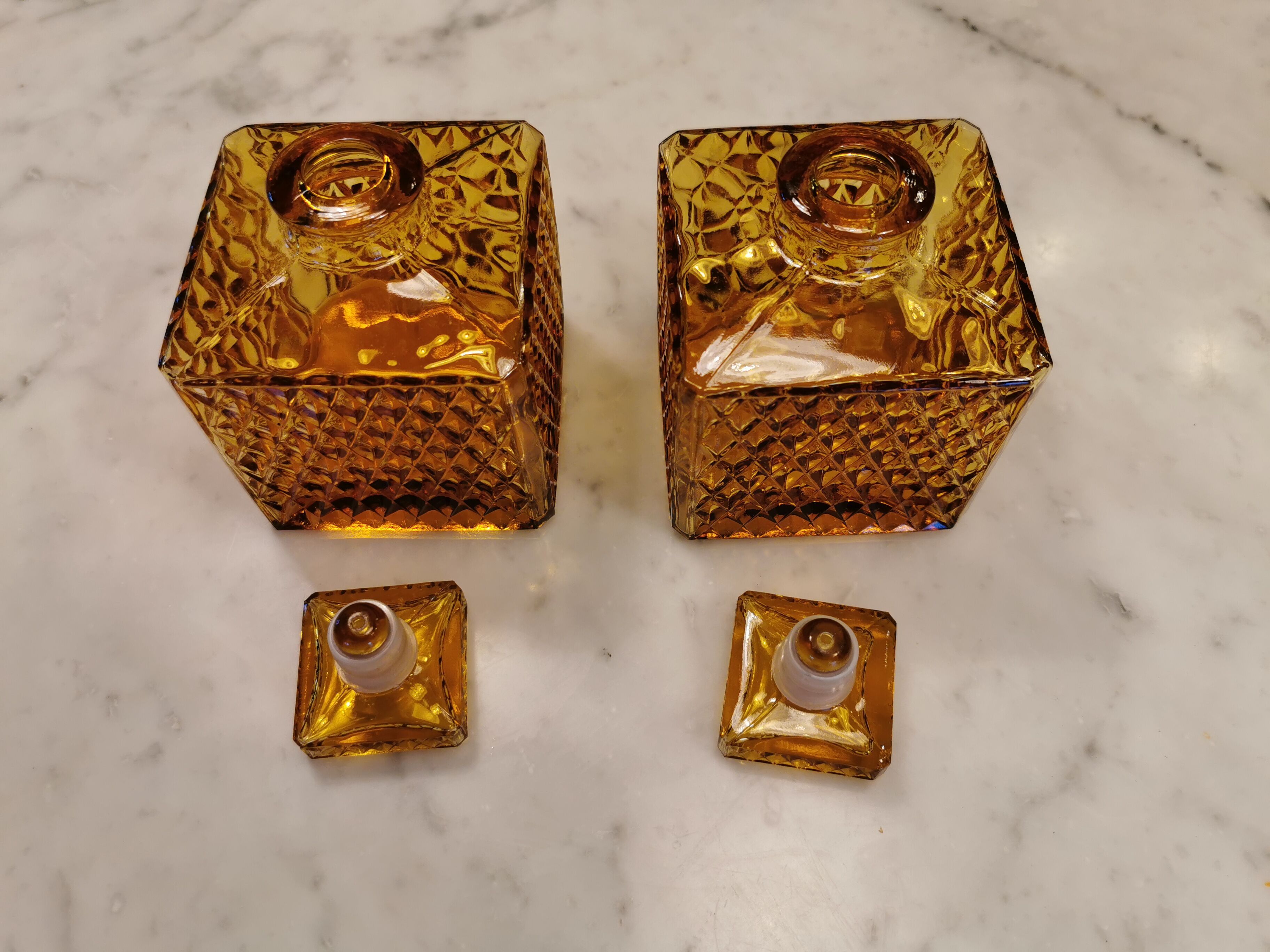 Lot of 2 vintage carafes in amber glass
