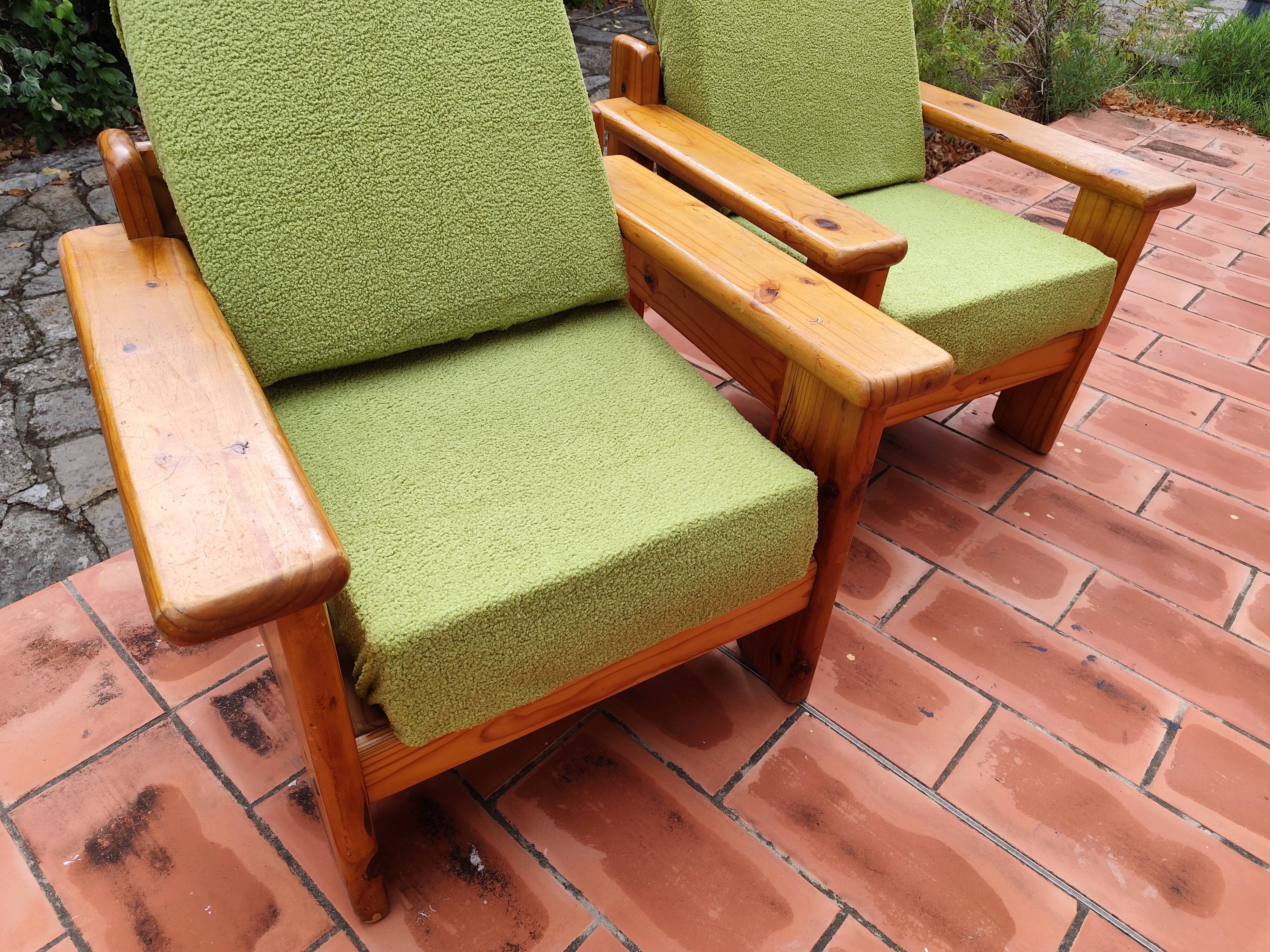 Pair of vintage brutalist armchairs in solid pine from the 80s DLG Regain