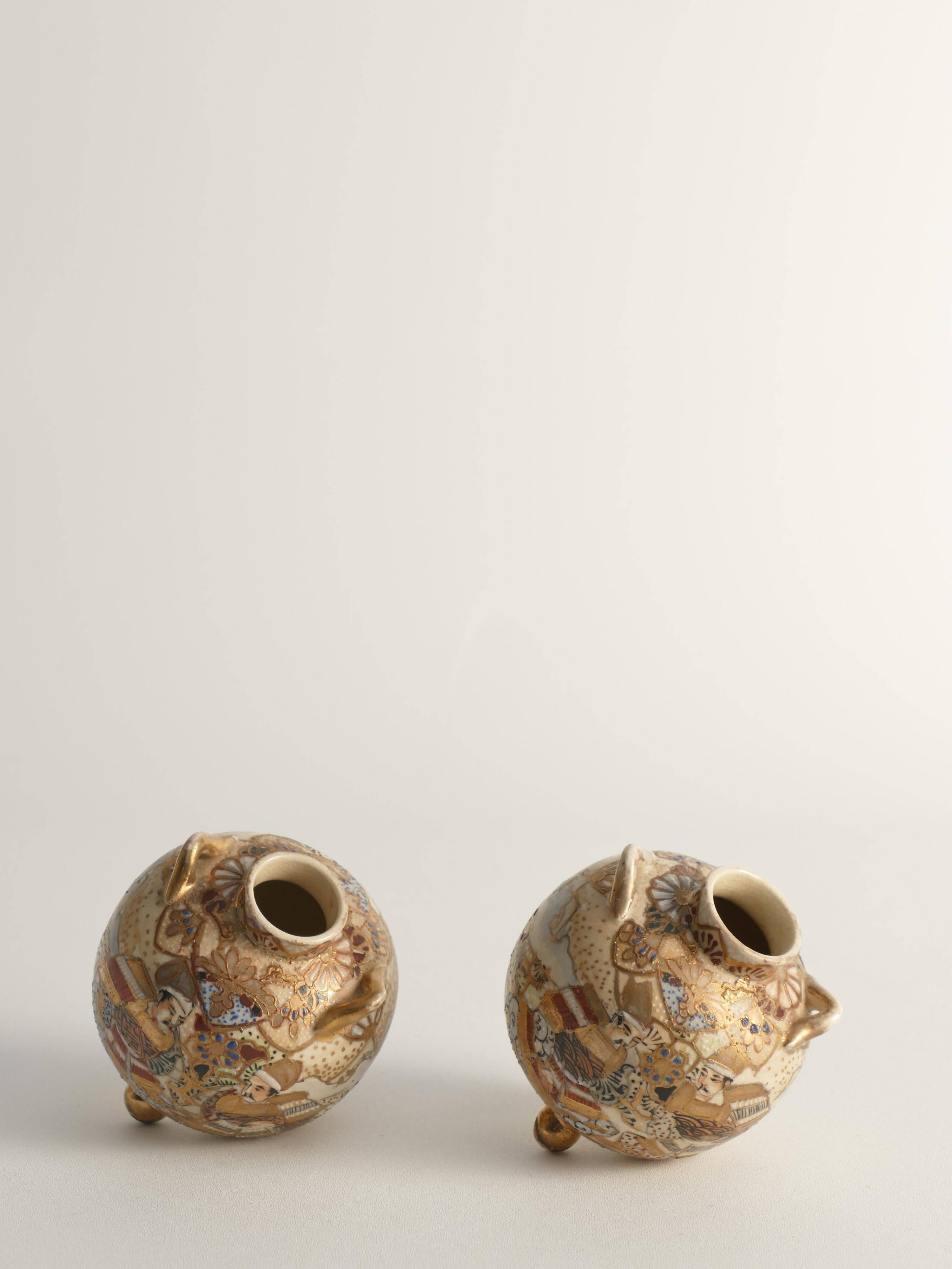 Satsuma Earthenware Vases, Hand-Painted Polychrome, Japan, Set of 2