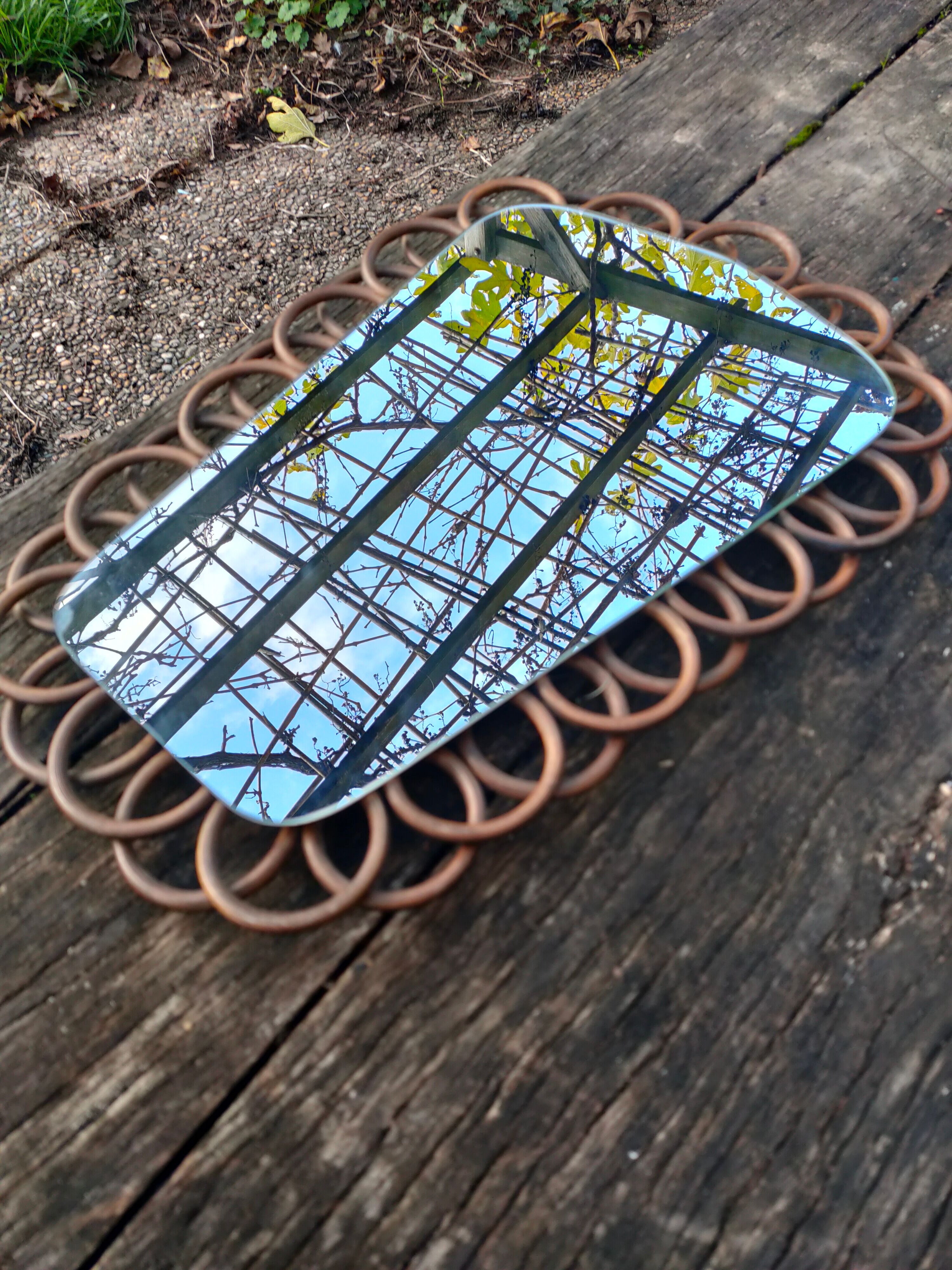 Wooden mirror imitation rattan 60s - 43x31cm