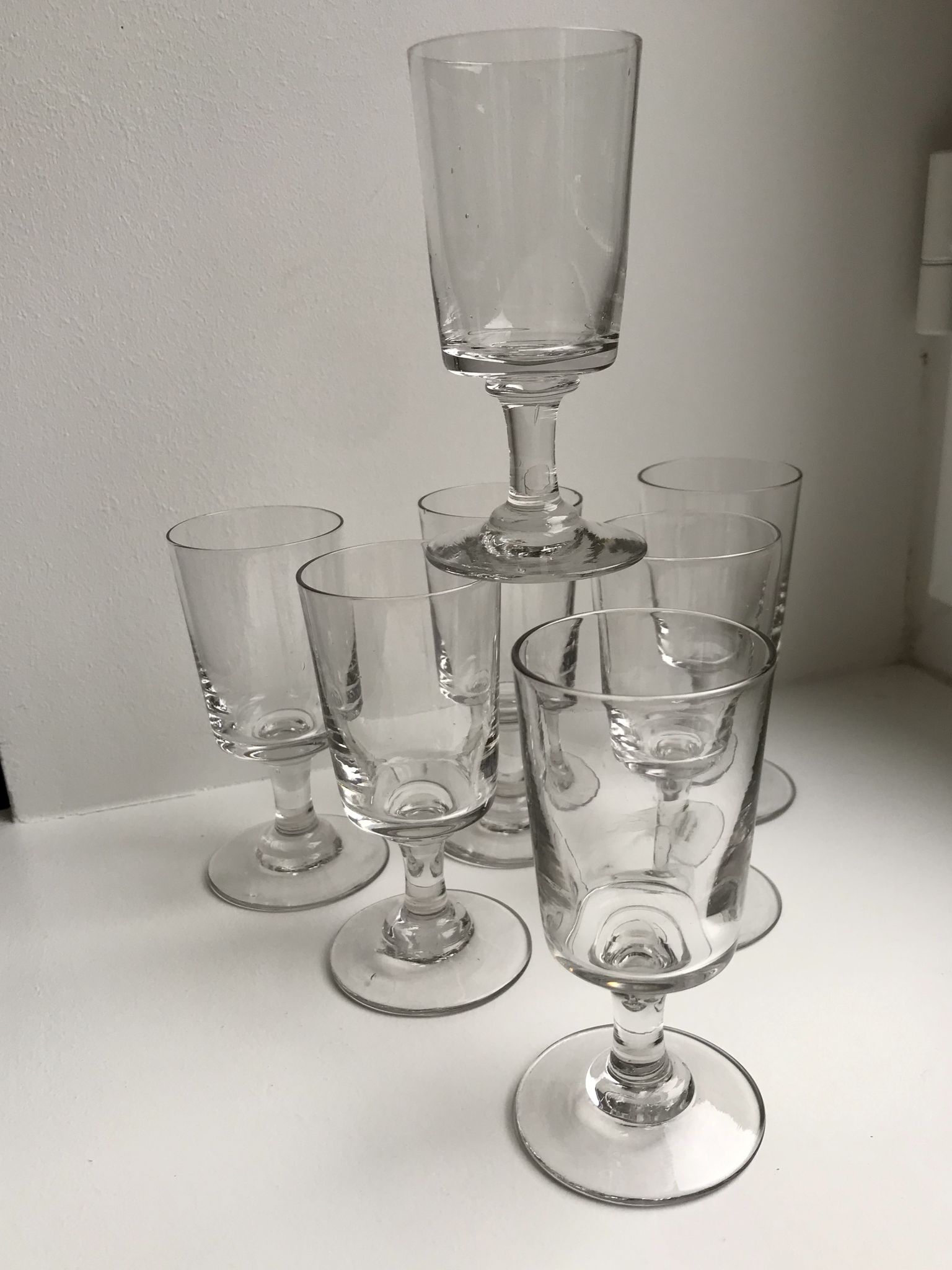 set of 7 glasses with molded glass stems old early twentieth century