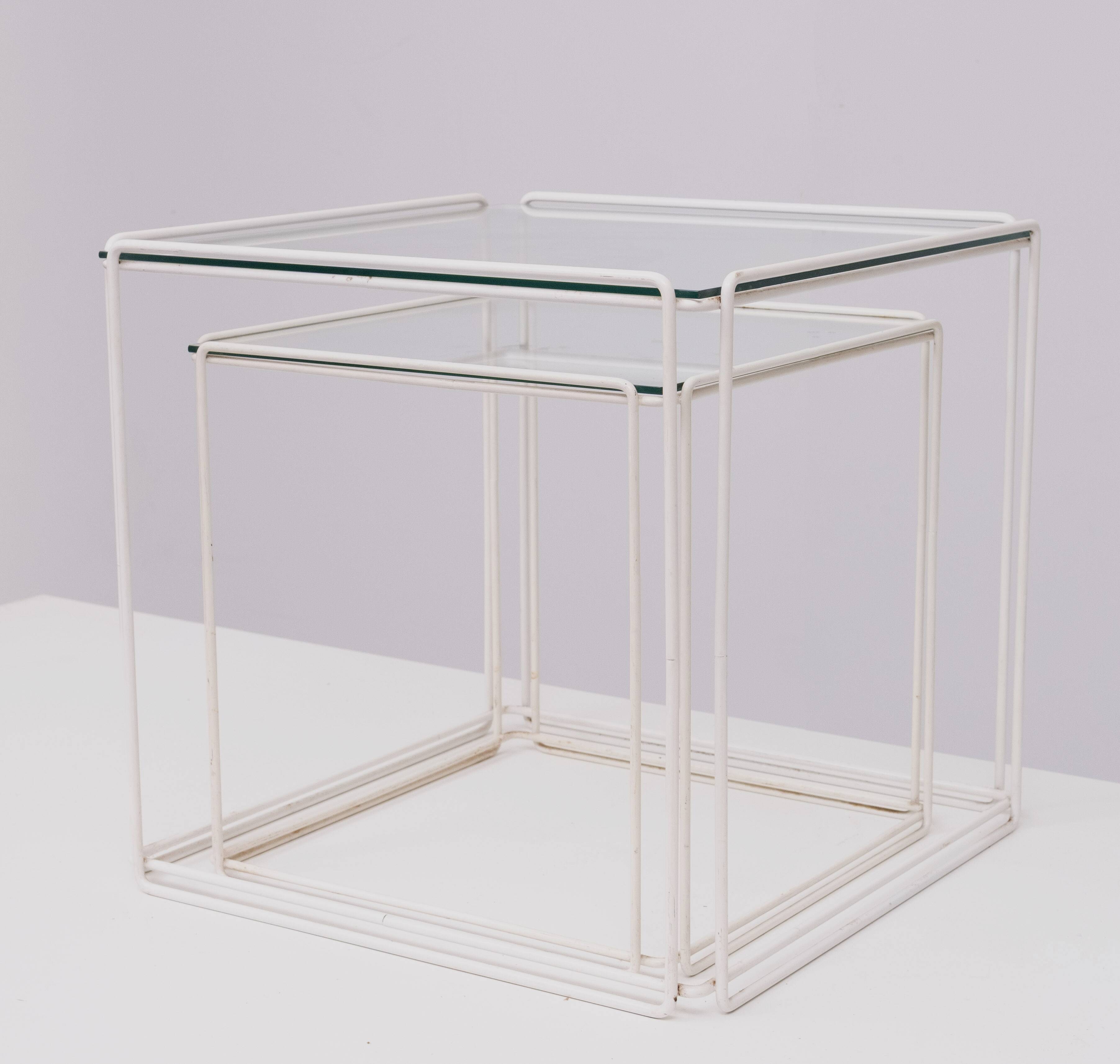 Isocele White and Clear Glass Nesting Tables Max Sauze for Max Sauze studio