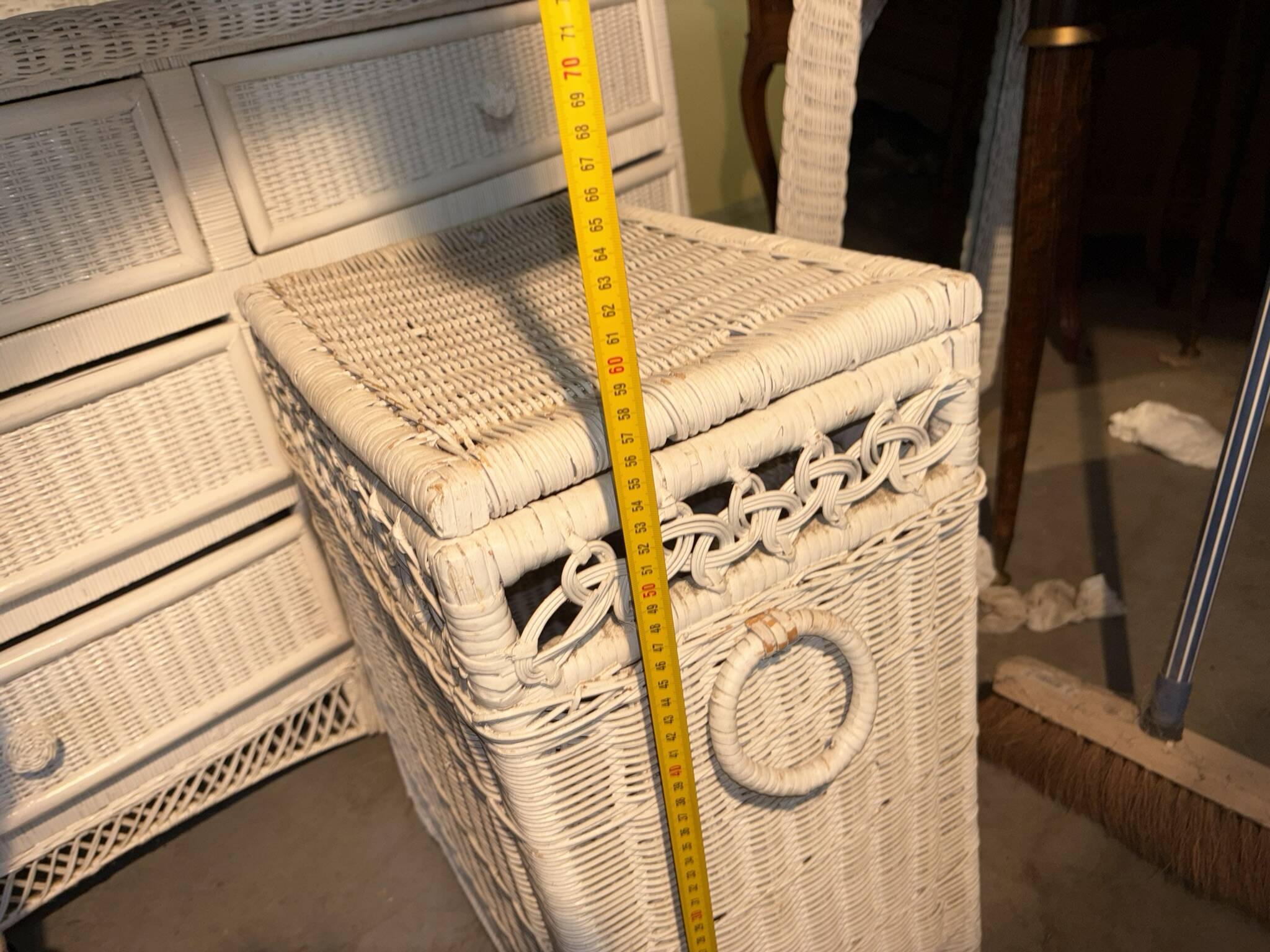 Vintage white rattan laundry basket with lid