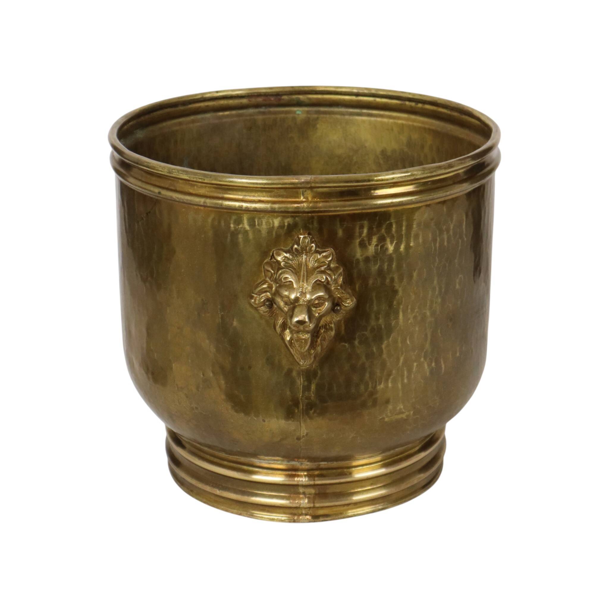 Large Hammered Brass Jardinière/Planter with Lion Heads