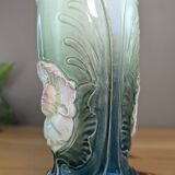 Gustav de Bruyn Fives Art Nouveau Floral Vase Green Pink Barbotine 20cm Numbered