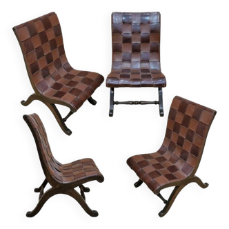group of four  walnut an d leather chairs by Pierre Lottier for Valenti Spain