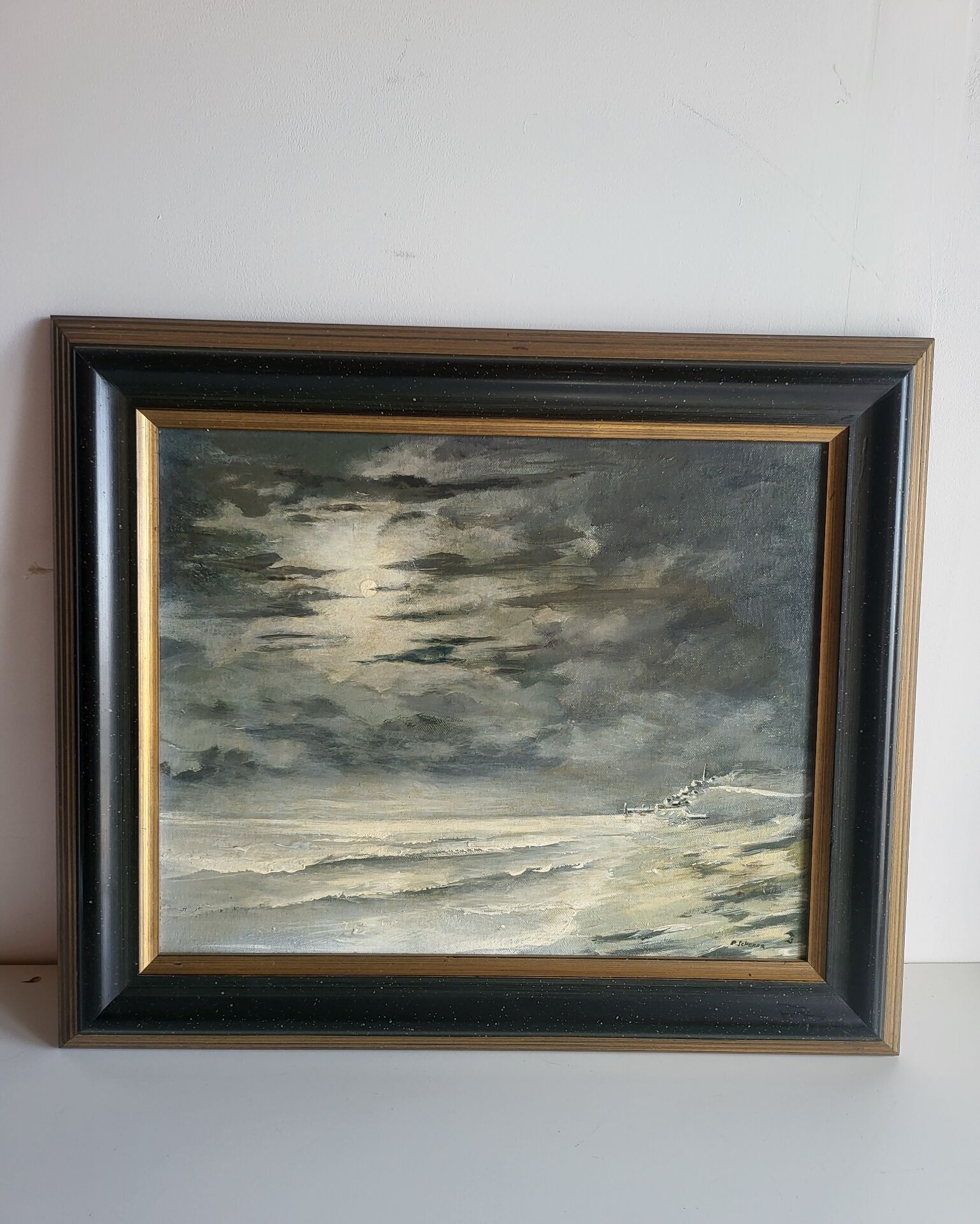 Oil on Panel P. Scherer Moonlit Seascape