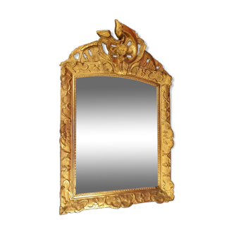 Mirror on Pediment Regency Era – Floral Decorations – Gilded Carved Wood – 18th