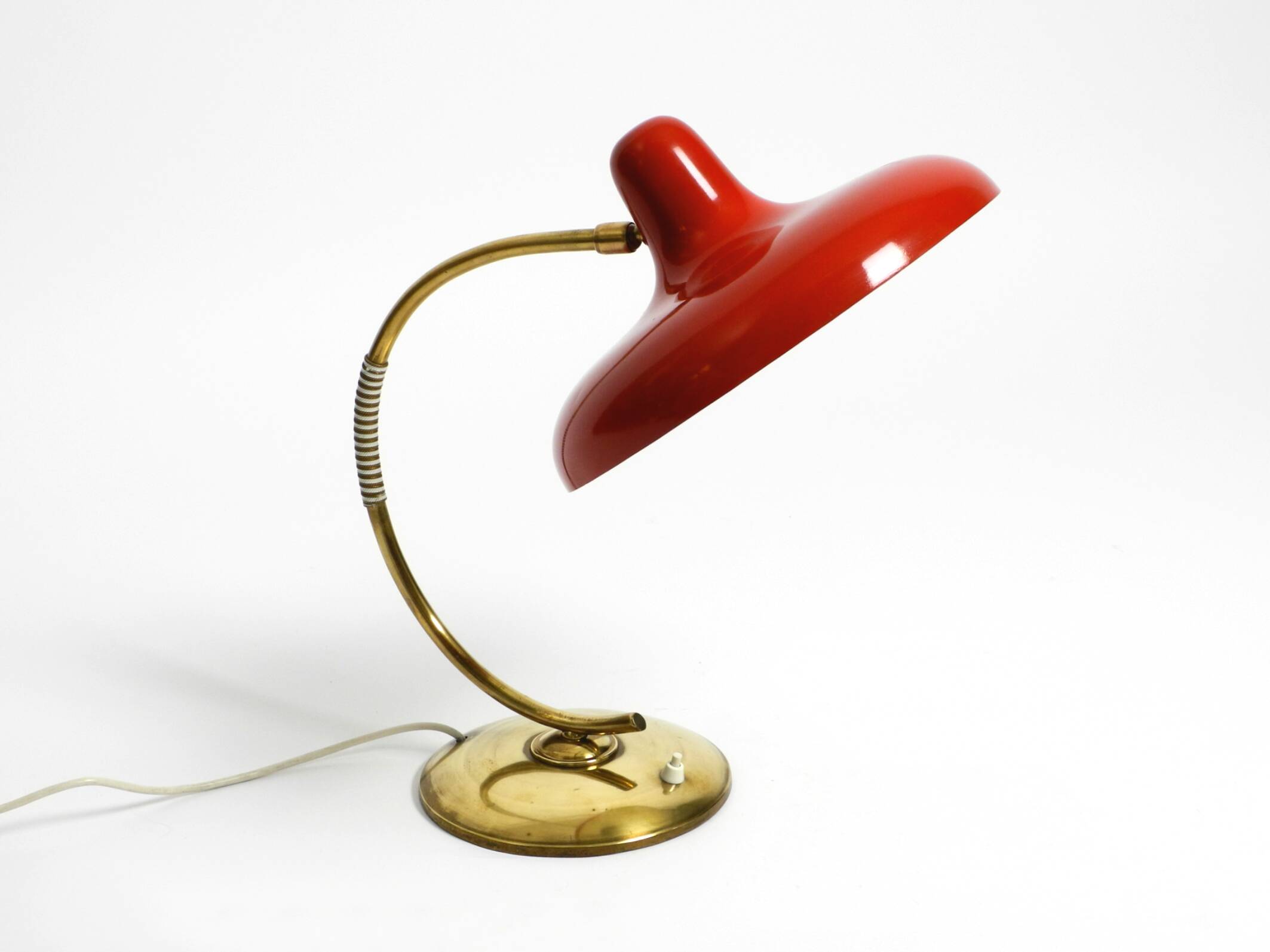 Beautiful large Mid Century Modern brass table lamp with red metal shade