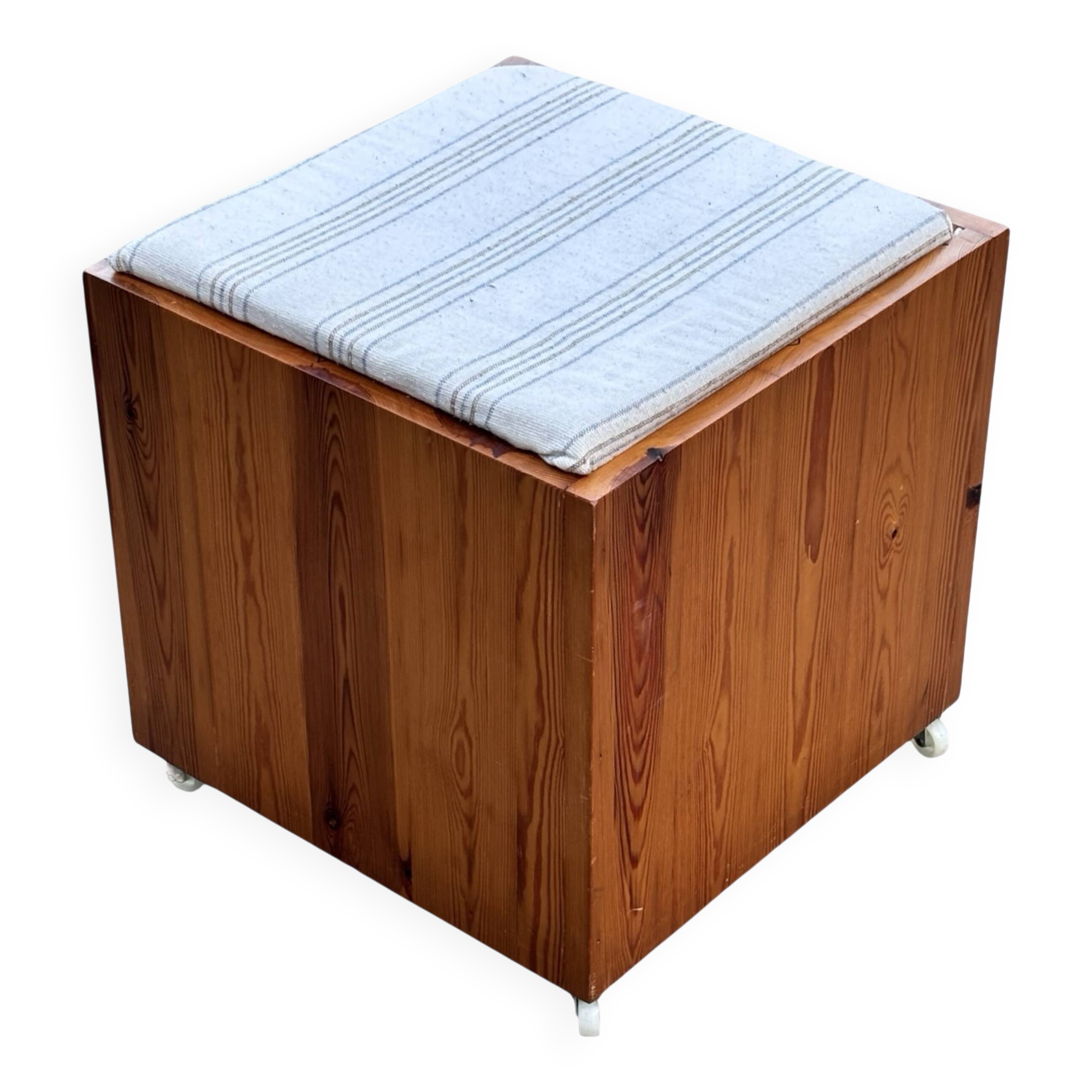 Vintage pinewood stool side table with compartment 70s design