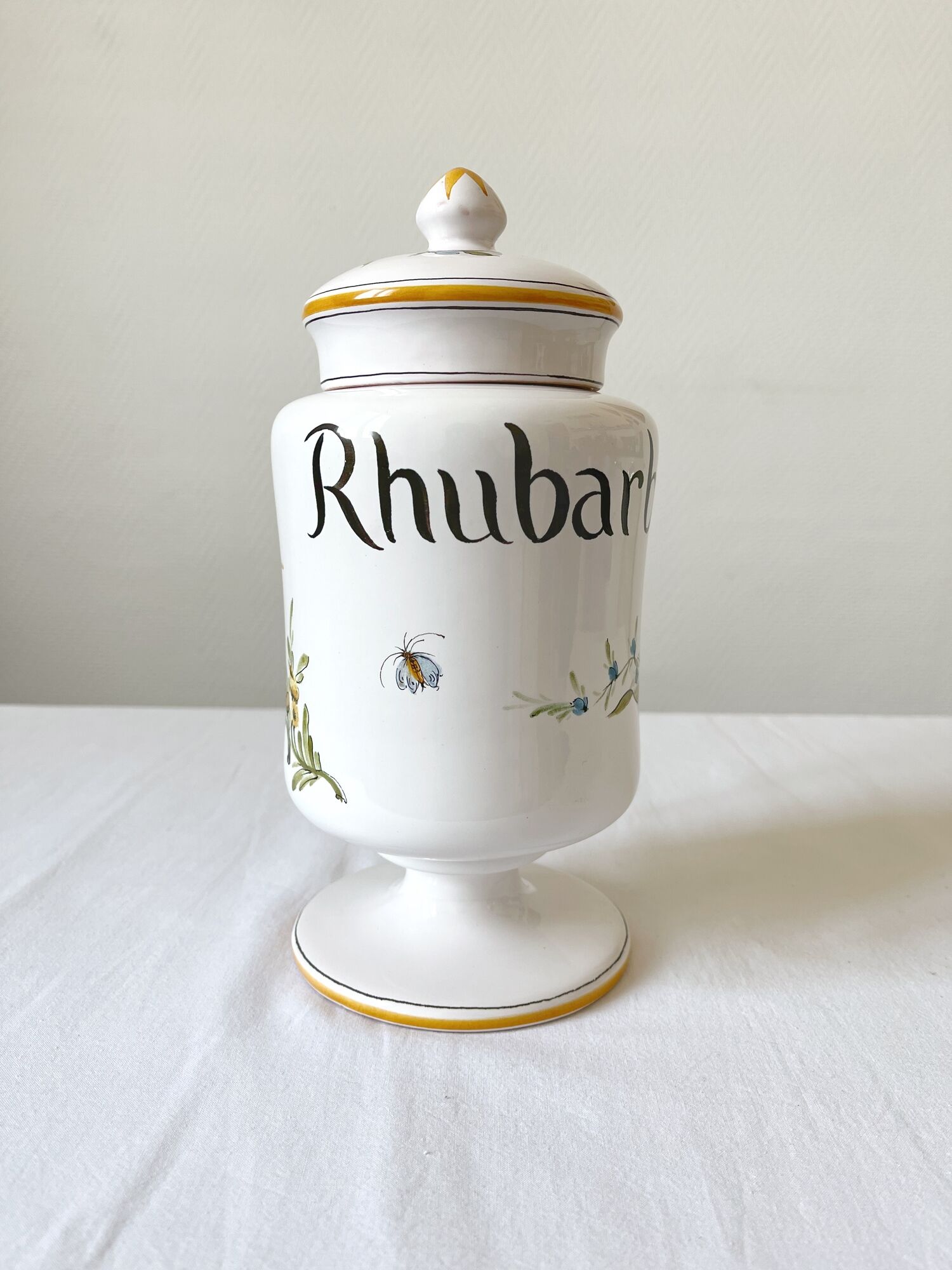 Apothecary pot Rhubarbe signed Lallier earthenware of art of Moustiers