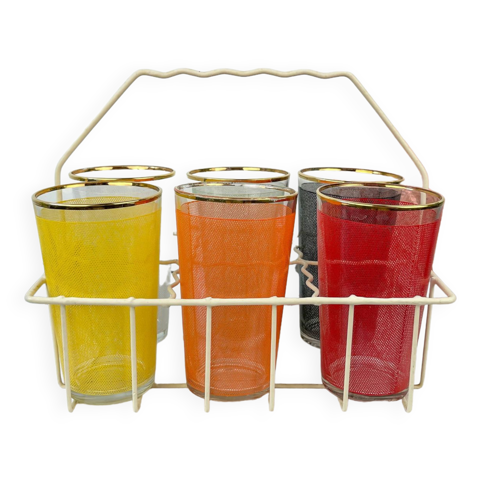 6 colorful juice glasses in their vintage basket