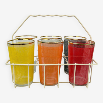 6 colorful juice glasses in their vintage basket