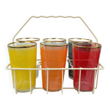 6 colorful juice glasses in their vintage basket