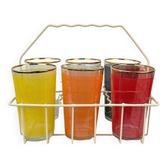 6 colorful juice glasses in their vintage basket