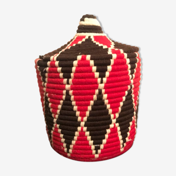 Berber red and Black wool and raffia basket