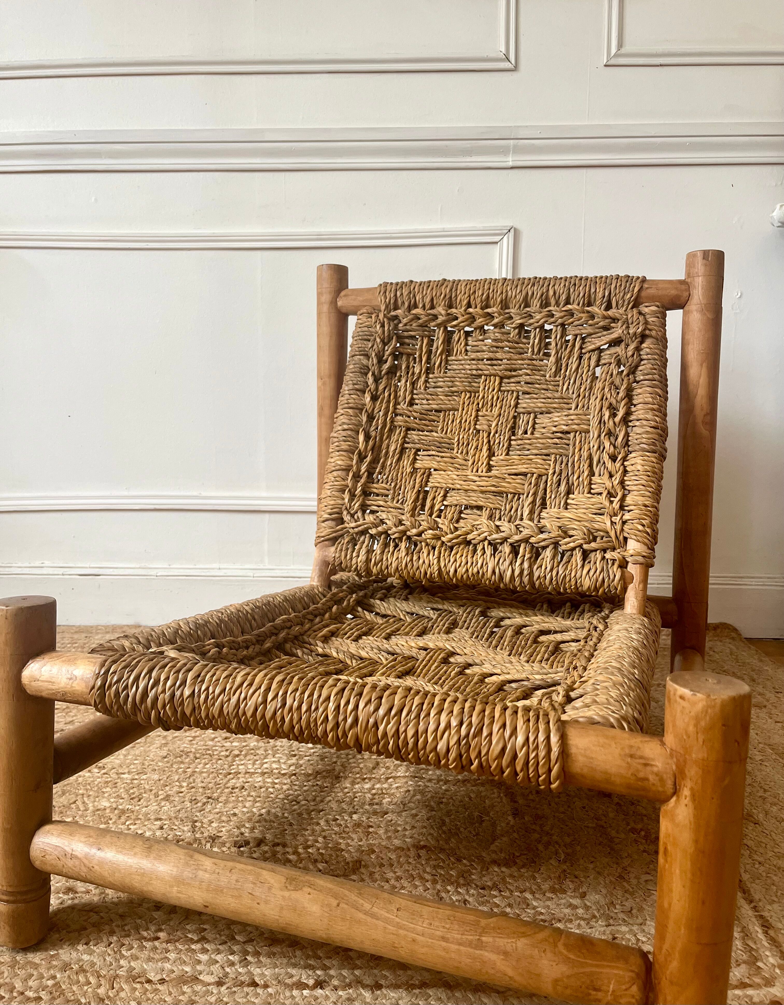 Wood and rope armchair by Audoux and Minnet from the 1950s.