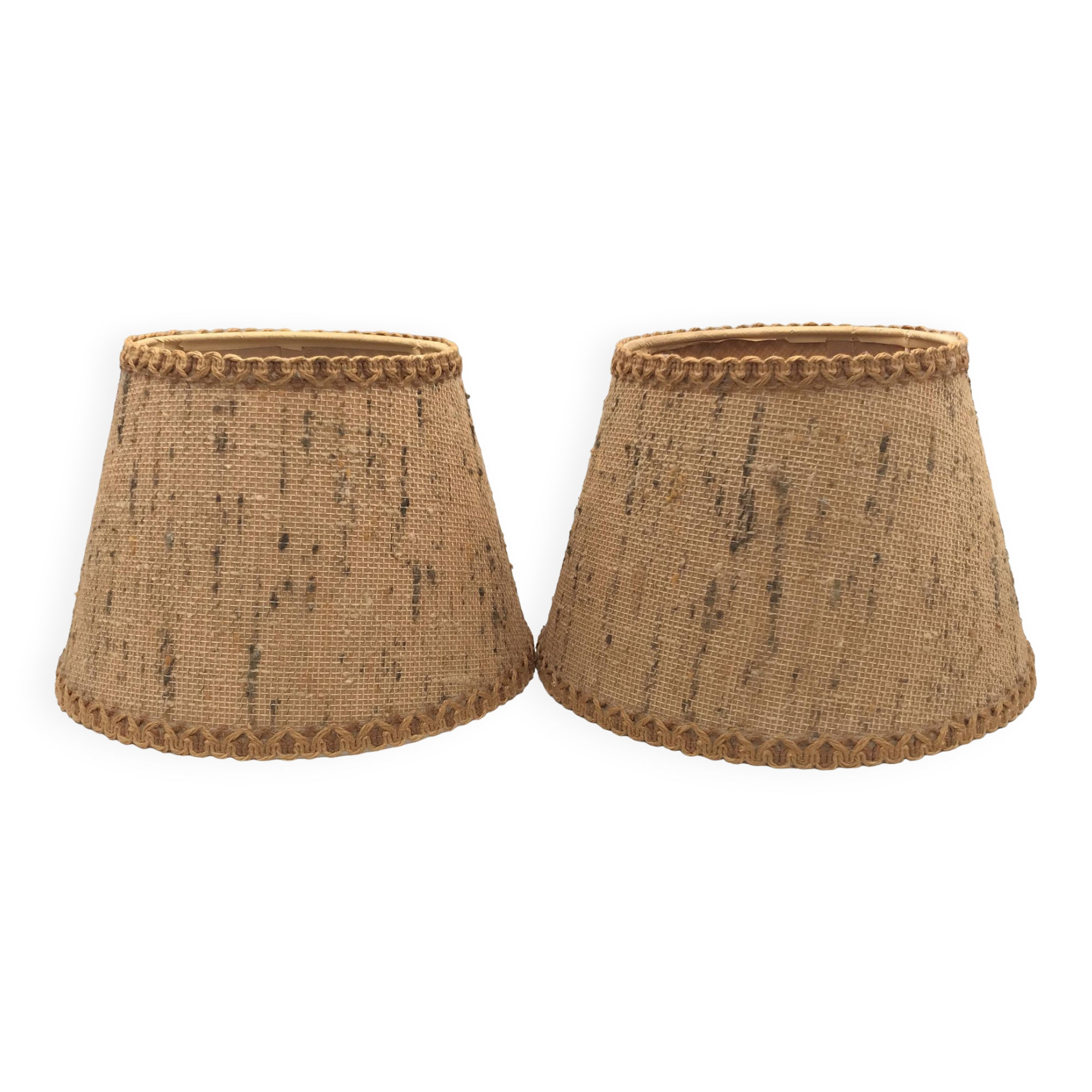 Pair of vintage burlap and braid lampshades