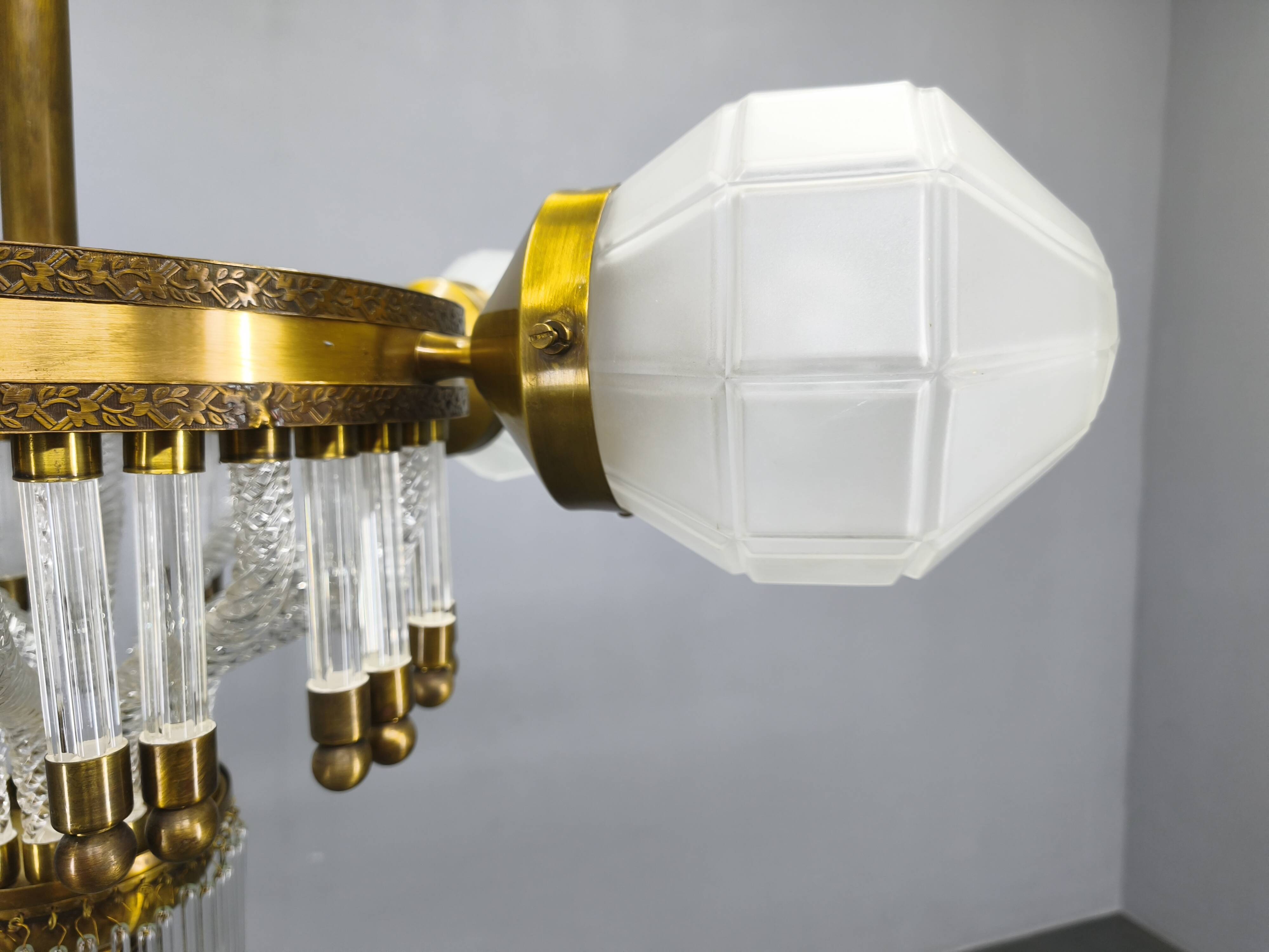 Czech Art Deco Brass and Glass Chandelier, 1950s