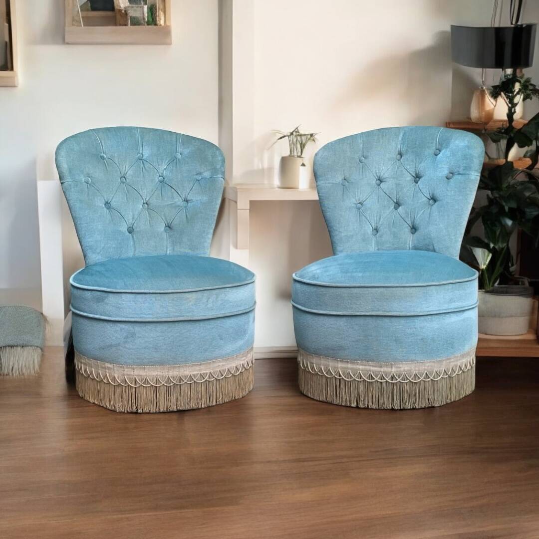Pair of vintage blue velvet upholstered toad armchairs from the 1970s