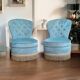 Paire de fauteuils crapaud capitonnés velours bleu vintage 1970