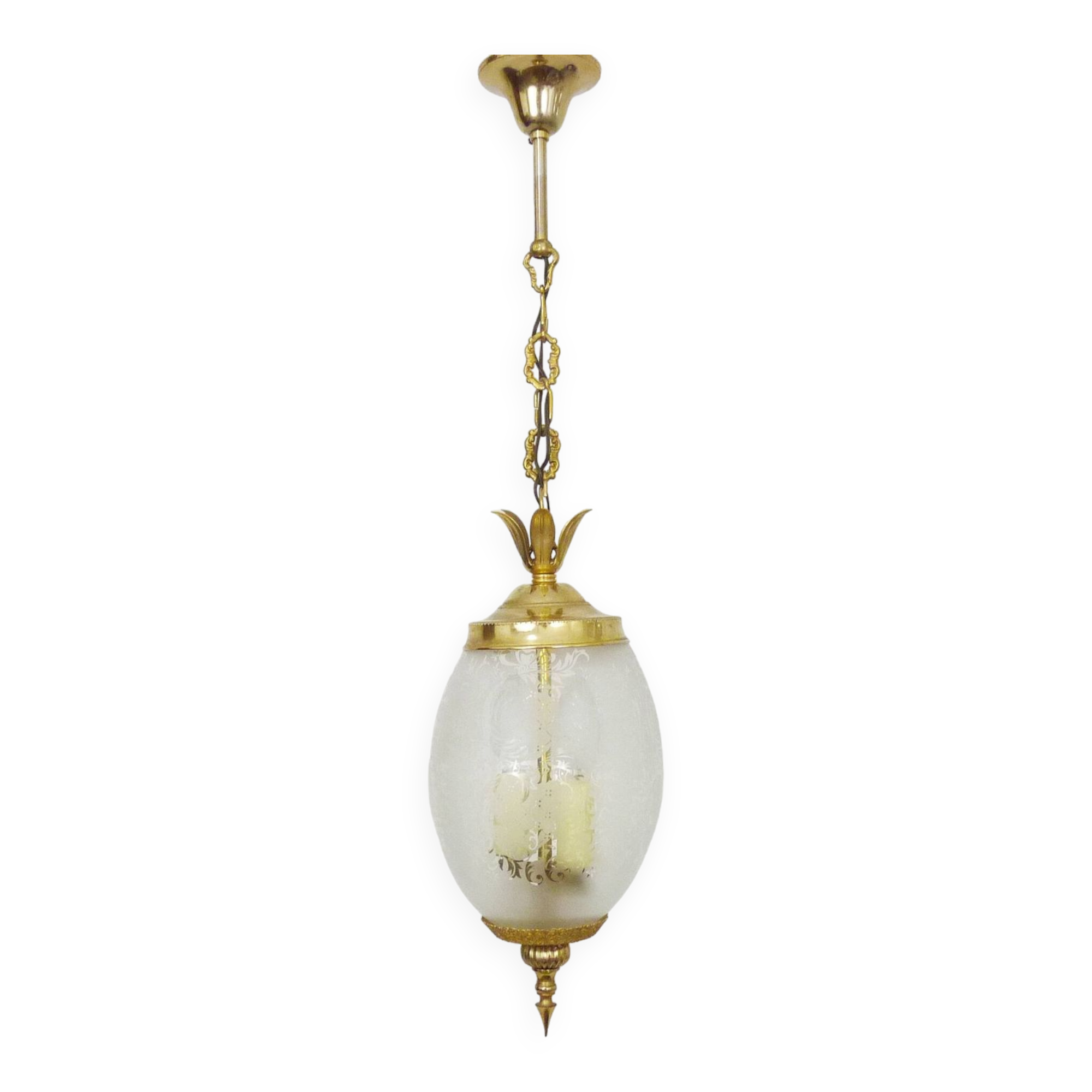 Suspension, brass chandelier and engraved glass globe with 2 lights. Louis XV style. 60s