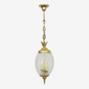 Suspension, brass chandelier and engraved glass globe with 2 lights. Louis XV style. 60s