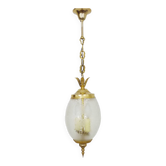 Suspension, brass chandelier and engraved glass globe with 2 lights. Louis XV style. 60s