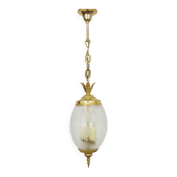 Suspension, brass chandelier and engraved glass globe with 2 lights. Louis XV style. 60s